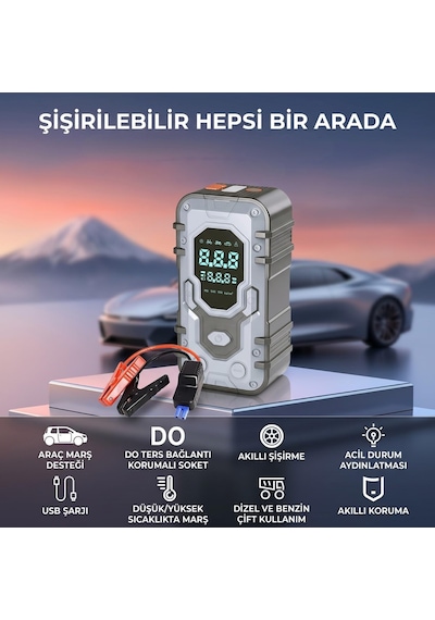 Enshall 10.000 Mah Çantalı Akü Takviyeli 1000a Tepe Akımlı Araç Lastik Şişirme Hava Kompresörü Jump Starter