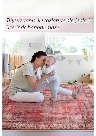 Blues Vintage Desenli Dokuma Taban Dekoratif Kırmızı Halı (Al 119