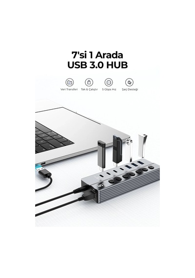 Ven-dens Vd-adp050 7 Portlu Usb Çoklayıcı Hub, 3 Usb-a Ve 4 Usb-c, 5 Gbps Veri Aktarımı, Gri