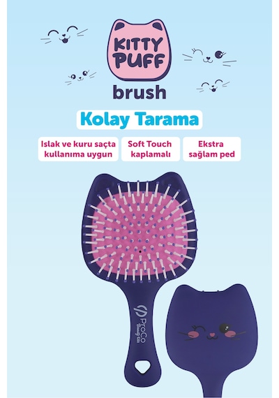 Beauty Kids Kitty Puf Açma Tarama Saç Fırçası Mor