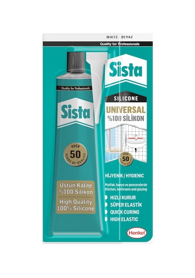 Sista Universal Silikon, Üstün Kalite %100 Beyaz Silikon, Mutfak, Banyo Ve Pencereler İçin Hızlı Kuruyan Dolgu Macunu, Sararma Ve Küflenme Yapmaz, 50 Gr Tüp
