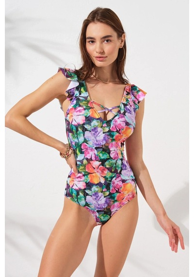 Pierre Cardin Fıjı Kol Fırfır Detaylı Carpraz Bantlı Askılı Mayo Violette