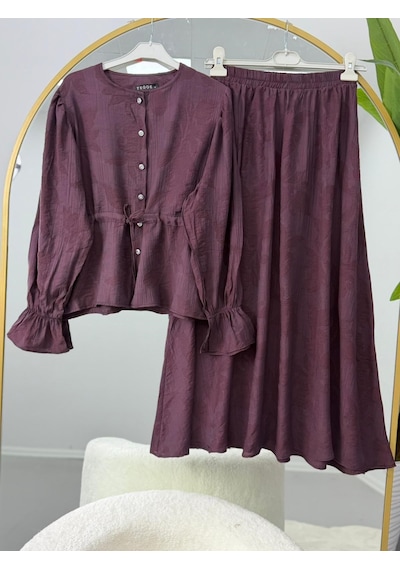 Lovie Moda Kolları Büzgülü Belden Bağlamalı Tesettür Etekli Takım Mor