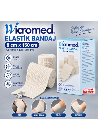 Wicromed Elastik Bandaj 8x150 Cm Metal Klipsli Esnek Destek Bandajı 20 Adet