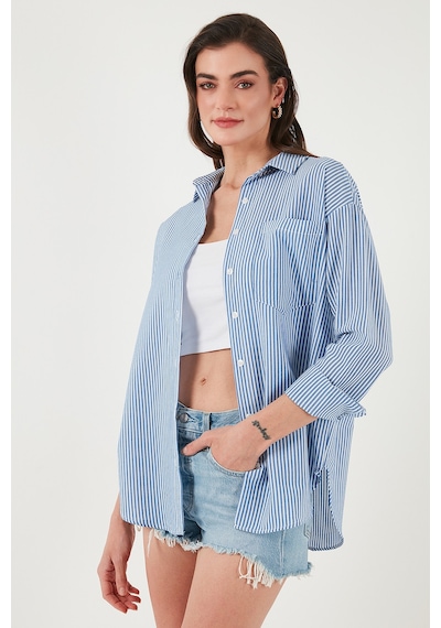 Lela Regular Fit Uzun Kollu Cepli Çizgili Bayan Gömlek 6772895 Indigo