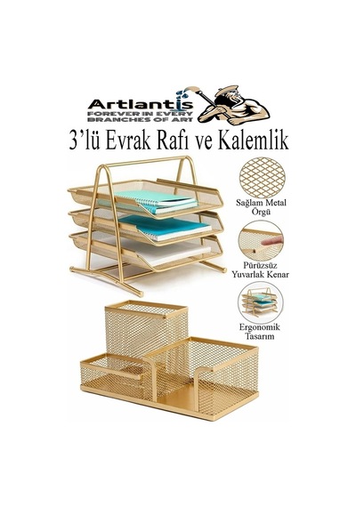 Altın Sarı Metal Evrak Rafı 3 Lü Ve Masaüstü Kalemlik 1 Paket Masaüstü A4 Dosya 3 Katlı Düzenleyici Kağıt Tepsisi Metal Altın