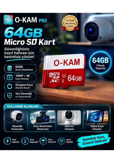 O-kam 64gb Micro Sd Hafıza Kartı Güvenlik Kamerası Uyumlu 64 Gb Microsd Kart Video Fotoğraf Kayıt Depolama Kartı