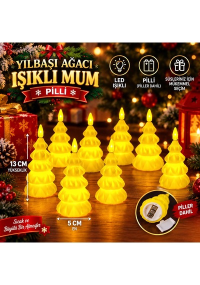 Vıp 9 Adet Yılbaşı Ağacı Şeklinde Mum Led Işıklı Mum Yılbaşı Mumu Çam Ağacı Mumu Işıklı Noel Mumu