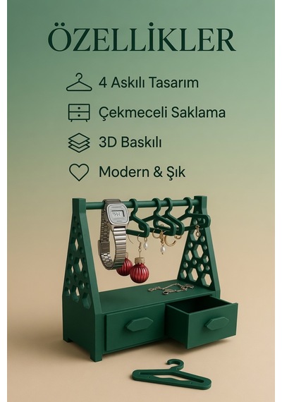 Çekmeceli Takı Organizer Standı Kolye, Küpe, Saat Ve Yüzük Düzenleyici Yeşil