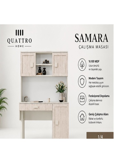 Samara Kitaplıklı Çalışma Masası Meşe - Beyaz