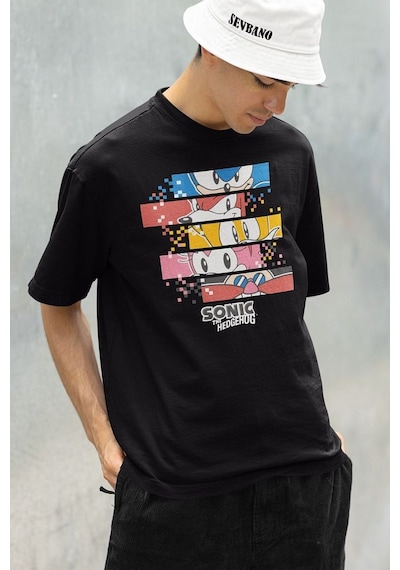 Sonic The Hedgehog Karakterler Baskılı Unisex Oversize Çizgi Film Siyah