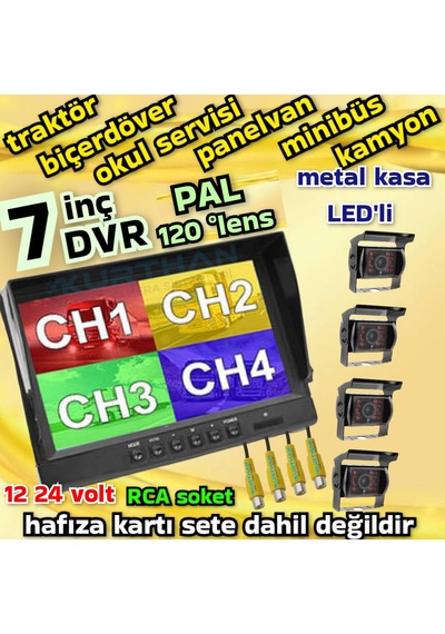 4 Adet Şapkalı Metal Kasa Ledli Kamera 7 İnç Hybrid 256 Gb Destekli Dvr Monitör - 12 24 Volt
