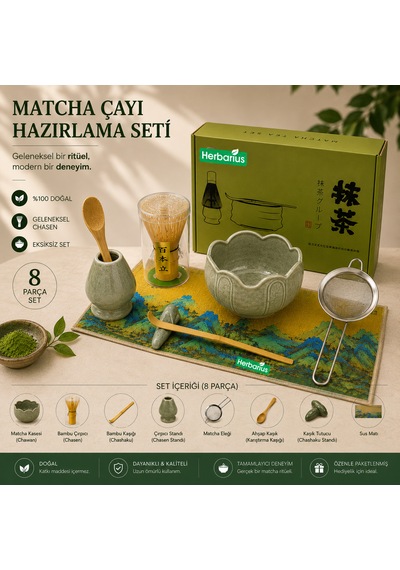 Herbarius 8 Parça Lotus Desenli Adaçayı Yeşili Renk Matcha Çayı Hazırlama Seti - Geleneksel Japon Matcha Seti