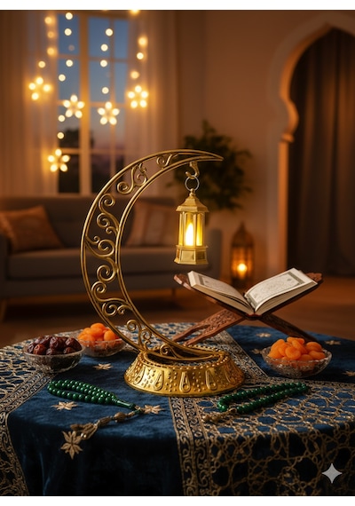 Dodomar 28 Cm Ramazan Dekoratif Masa Üstü Led Lamba Seti - Gold Hilal - Kancalı Diğer