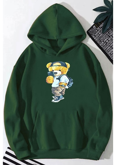 Medinenur Peluş Ayı Baskılı Kapüşonlu Sweatshirt Yeşil