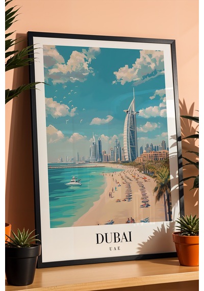 Dubai Uae Vintage Seyahat Posteri Çerçeveli Tablo - Premium Burj Al Arab Elit Duvar Dekoru Siyah