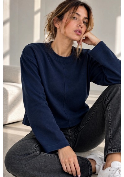 Bb Butik Basic Ön Dikiş Detaylı Basic Sweatshirt Günlük Rahat Kesim My3535 Lacivert