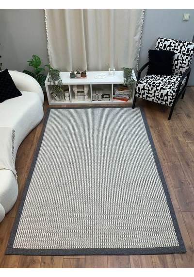 Saraz Halı Kumaş Bordür Bej Bukle Siyah Bordür Halı Salon Koridor Mutfak Çocuk Odası Halısı Kilim S263 Gri