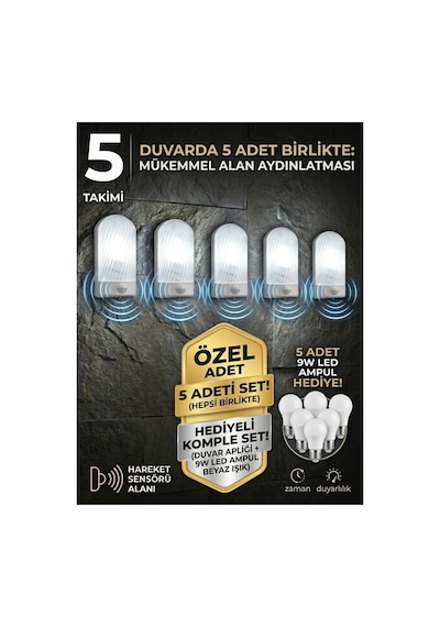 5 Adet Sensörlü Dış Cephe Duvar Apliği -ampul Dahil ,modern Ve Dekoratif Hareket Sensörlü Led Bahçe Ve Teras Armatürü Ip54 Su Geçirmez Sensörlü Lamba,sensörlü Duvar Lambası Beyaz