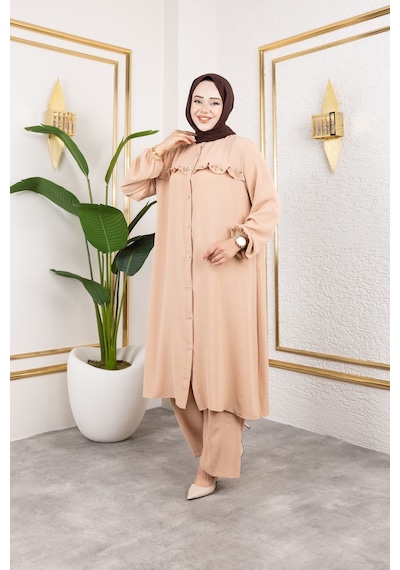 Nevayla Moda Ayrobin Kumaş İnci Detaylı Takım / T112 - Vizon Vizon