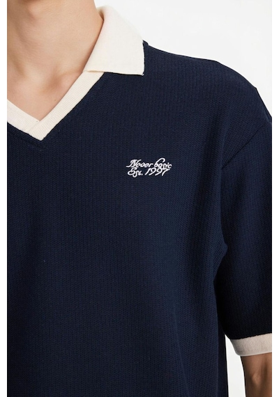 Defacto Boxy Fit Polo Yaka Baskılı Kısa Kollu Tişört F8352ax25aunv64 Lacivert