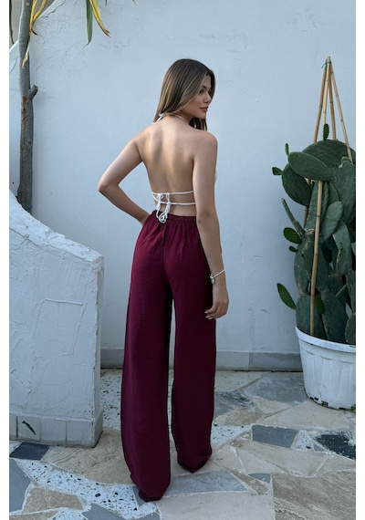 La & Vetta Pembe Keten Karışımlı Bol Kesim Pantolon Bordo