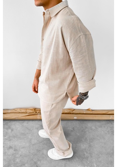 Taş Premium Keten Basic Oversize Gömlek Taş