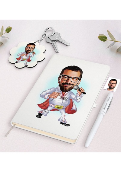Kişiye Özel Elvis Presley Karikatürlü Beyaz Defter Kalem Ve Anaht
