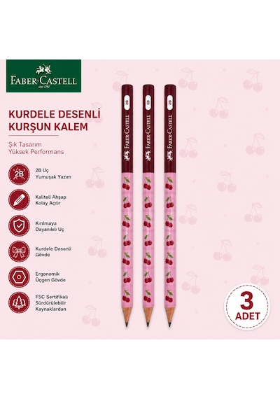 Faber-castell Cherry Desenli Kurşun Kalem 3 Adet 2b Yuvarlak Gövde Kırmızı