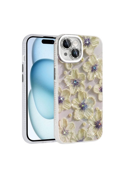 Zore Apple iPhone Uyumlu 14 Kılıf Çiçek Desenli Parlak Taşlı Sert Silikon Omsy Garden Kapak - Mavi