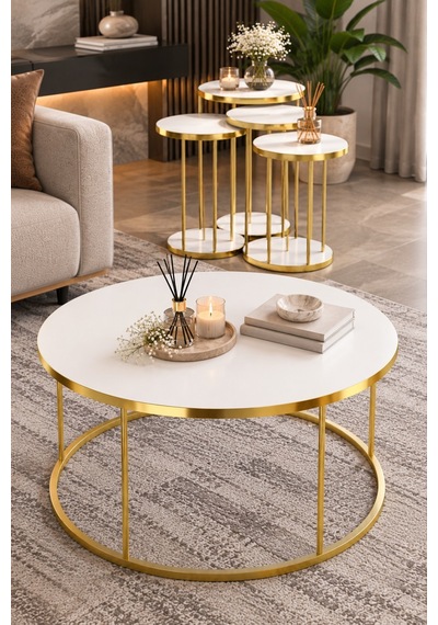 Sulorahome 4'lü Beyaz Ve Gold Metal Ayaklı Sehpa Seti Beyaz - Altın