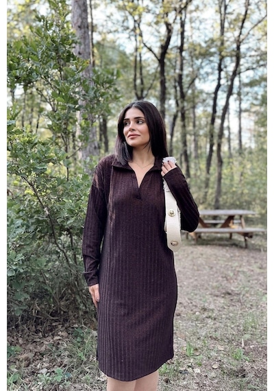 WeShaya Kadın Bordo Polo Yaka, Kendinden Desenli, Basic Kalıp, Uzun Kollu Midi Triko Elbise Bordo