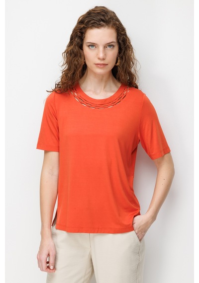 Kadın Sıfır Yaka Yakası Çift Şeritli Taşlı Penye T-shirt Oranj Turuncu