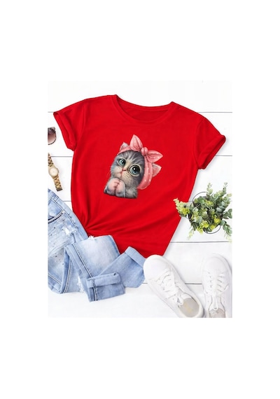 Unisex Sweet Cat Baskılı Oversize T-shirt Kırmızı