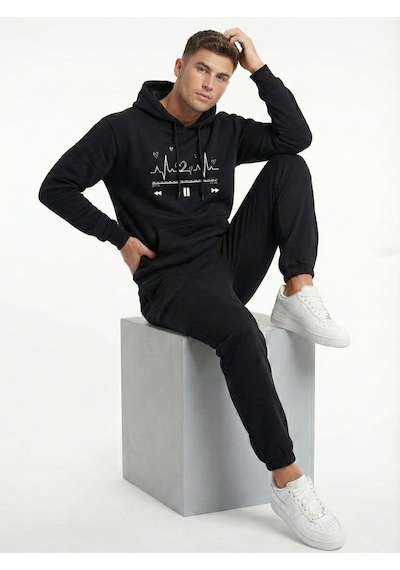 Nevermind Unisex Oversize Kalp Ritmi Baskılı Çift Hoodie Siyah