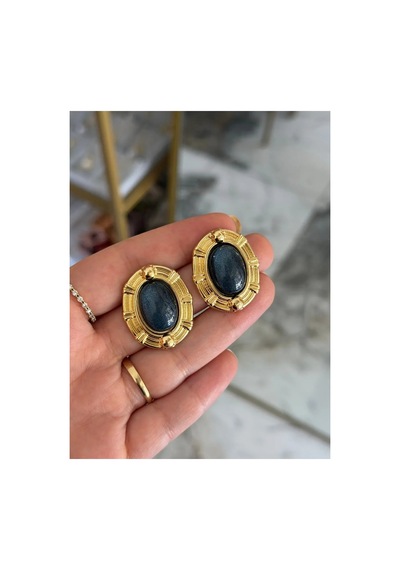 Vintage Model Gold Çerçeveli Lacivert Küpe Altın