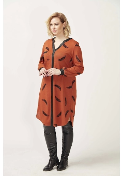 Moda Berray 1956 Tarçın Tüy Desenli Uzun Kollu Esnek Büyük Beden Triko Elbise Tarçın
