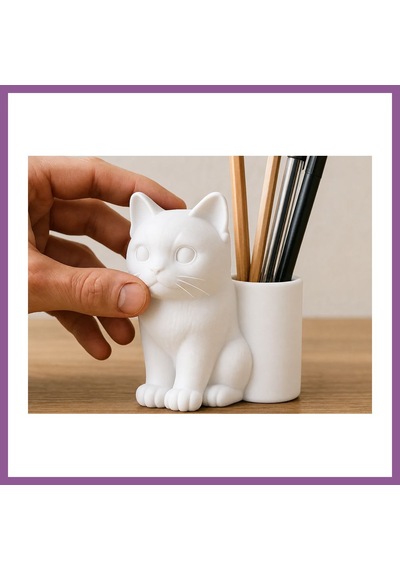 Bezos 3d Baskı Kedi Figürlü Kalemlik - Masaüstü Organizer - Beyaz Rengaren