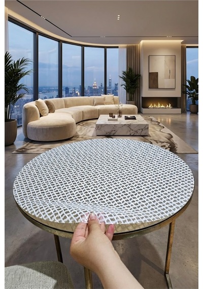 Sadece Örtüdür Pvc Silinebilir Yuvarlak Masa Ve Sehpa Örtüsü - Beyaz Modern Dantel Desenli