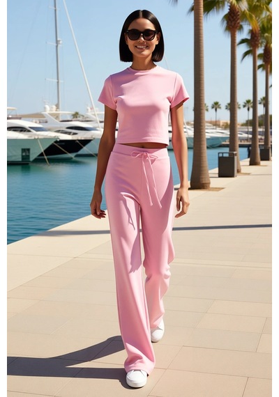 Benerly Kadın Büyük Beden Crop Top Ispanyol Paça Takım Bisiklet Yaka Kısa Pembe