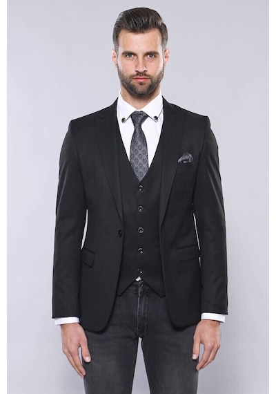 Düz Siyah Slim Fit Yelek Ceket Set Wessi 001