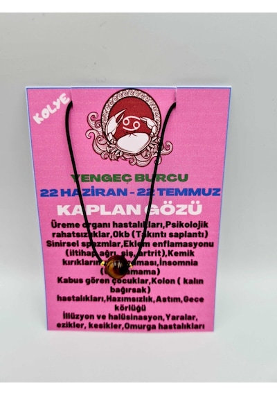 Sertifikalı Yengeç Burcu Kaplan Gözü Taşı Doğal Taş Kolye Çok REnkli