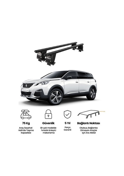 Royal Peugeot 5008 2017-2020 Uyumlu Siyah Kilitli Ara Atkı Port Bagaj Tavan Barı