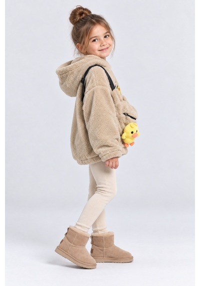 Ahengim Kız Çocuk Peluş Kapüşonlu Sweatshirt Pretty Nakışlı Oyuncak Aksesuarlı Çantalı Kışlık Üst Ak4130 KREM