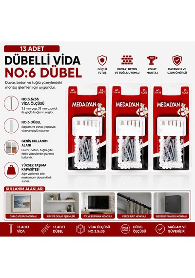 Medalyan Dl-32 Dübelli Vida - 3.5x35 Mm 13 Adet- 12'li Paket