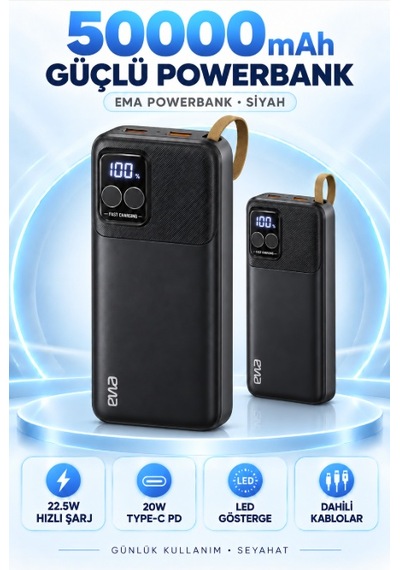 Emia 50000 Mah P32-5 22.5w Hızlı Şarjlı Powerbank, 20w Pd, Dahili Type-c Ve Lightning Kablolu, Led G Çok Renkli