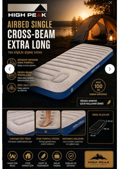 High Peak Airbed Single Cross-beam Extra Long Ayak Pompalı Tek Kişilik Şişme Yatak 195x75x20 Cm Beyaz - Mavi