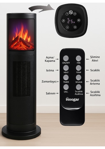 Hoogar German 2075 L Black Oben Seri Oled Şömineli Ekran Dijital Kule Tipi Turbo Hızlı Isıtıcı