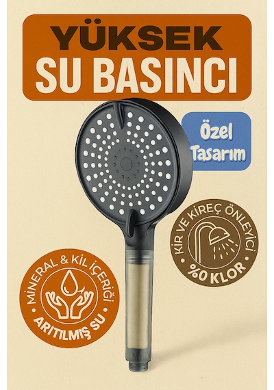 5 Adet Yedek Filtreli Su Tasarruflu Kireç Önleyici Özellikli Yüksek Basınçlı Duş Başlığı Siyah