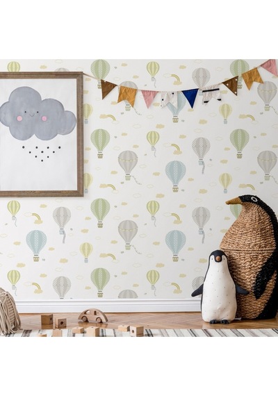 Gökyüzünde Bulutlar, Uçak Balonlar Ve Gökkuşağı Temalı Duvar Kağıdı - Adakids 8901-2